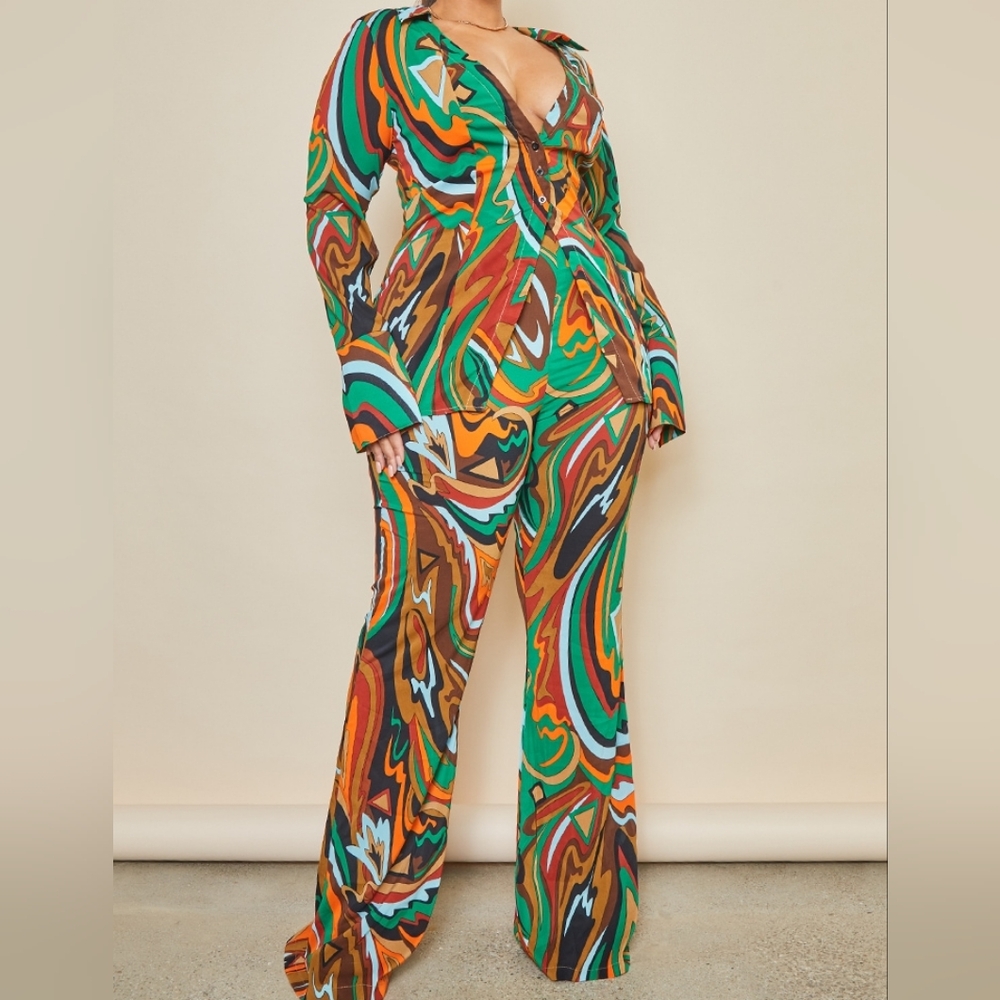 PrettyLittleThing Green and Orange Flare Trousers (Pants Only)